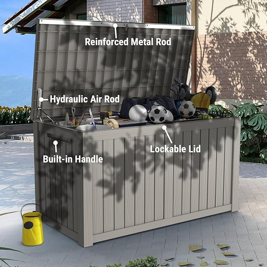 Mars Villa 180 Gallon Outdoor Storage Box, Large Waterproof Resin Deck Box for Patio Furniture Cushions, Pool Supplies, Gardening Tools, Lockable, Weatherproof and UV Resistant, Light Brown