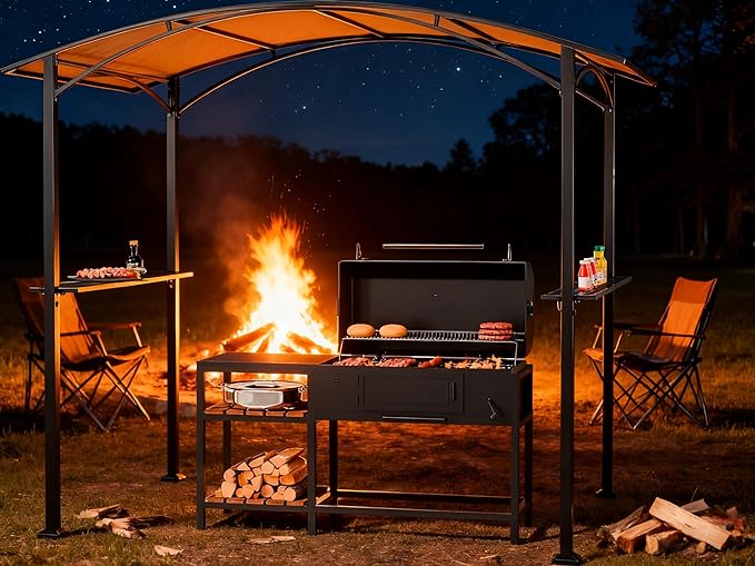 8x5 Metal Grill Gazebo - Outdoor BBQ Canopy Shelter with 2 Side Shelves for Patio Backyard Grilling and Barbecue Picnic,Brown