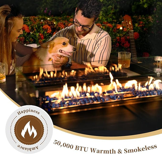 PIZZELLO 60 inch Outdoor Propane Gas Fire Pit Table, 50,000 BTU Auto-Ignition Gas Firepits with Wind Guard, Upgraded Aluminum Fire Pit with Glass Beads, CSA Certification