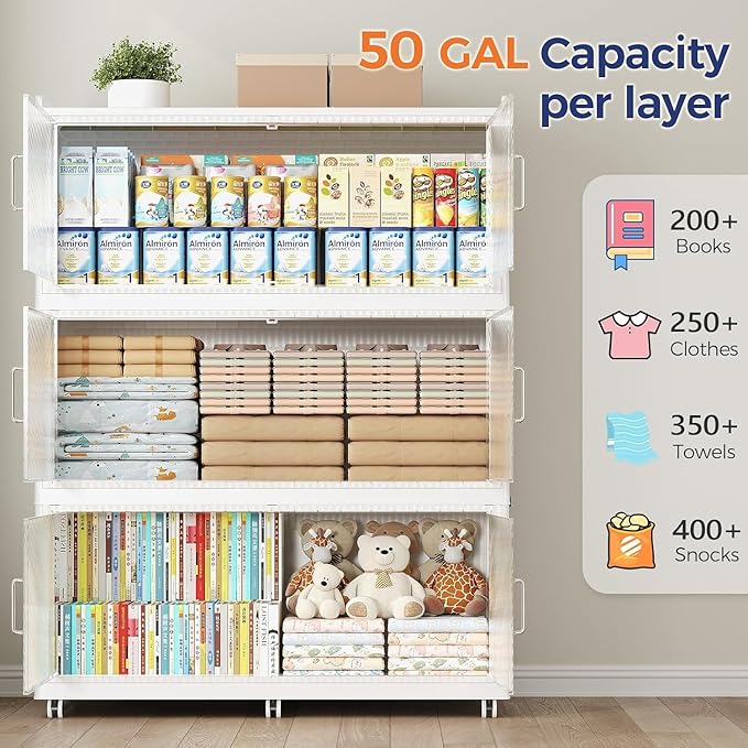 600QT Extra Large Storage Bins with Lid and Wheels, 150Gal Stackable Closet Organizers and Storage Cabinet, Collapsible Storage Box with Doors for Home Kitchen Office Dorm, 3Pack White Clear