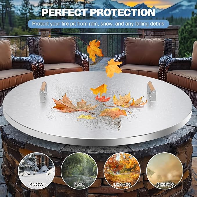 Fire Pit Lid Round - 38" Stainless Steel Rust Resistant Firepit Cover or Table with 2 Wooden Handles for Patio Fire Pit, Weatherproof for All Seasons, Fits Fire Pits Up to 36"