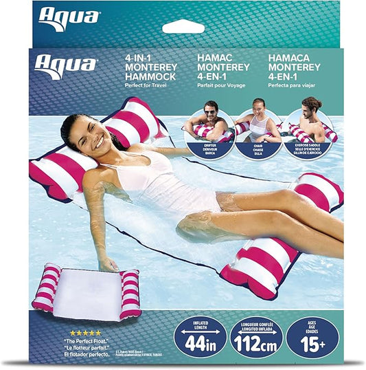 Aqua 4-in-1 Monterey Hammock Pool Float & Water Hammocks, 1-2-3-4 Multipacks – Multiple Colors/Styles – for Adults and Kids Floating