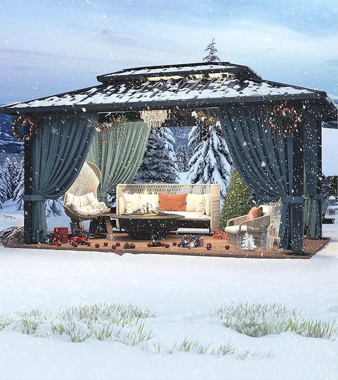 HOTEEL 10x12 Hardtop Gazebo Hot Tub Gazebo with Flame-Retardant Curtain Netting, Heavy Duty Pavilion with Galvanized Steel Double Roof, Aluminum Frame Outdoor Canopy for Patio, Party (2025 Upgraded)