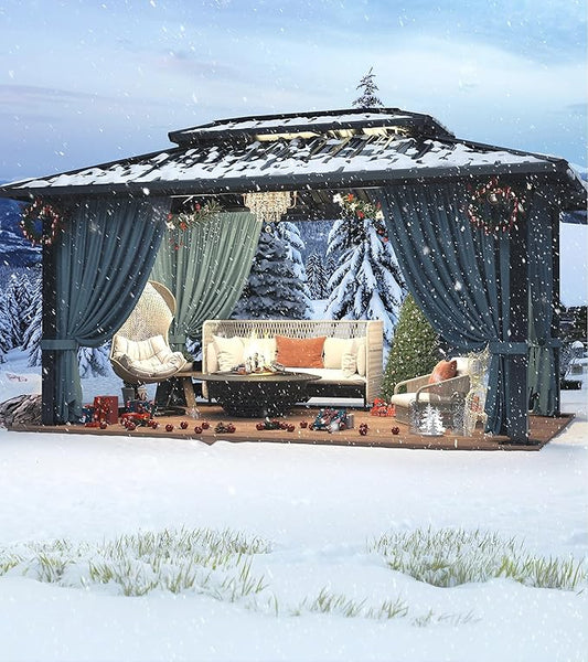 HOTEEL 10x12 Hardtop Gazebo Hot Tub Gazebo with Flame-Retardant Curtain Netting, Heavy Duty Pavilion with Galvanized Steel Double Roof, Aluminum Frame Outdoor Canopy for Patio, Party (2025 Upgraded)