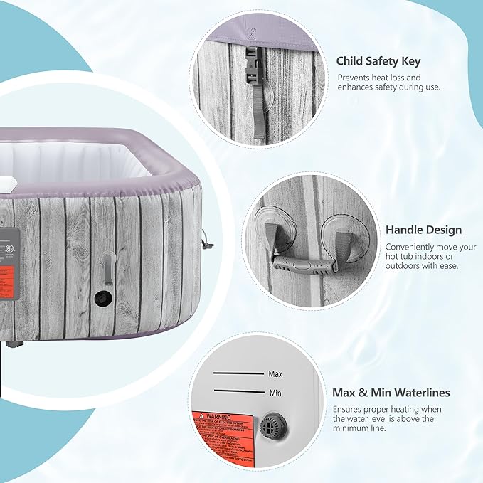 HUGROVE Square Inflatable Hot Tub for 4-6 Person, Portable Outdoor Spa with 130 Bubble Jets, Energy-Efficient Heating up to 100 °F, Smart Control, PVC Material, with Cover (Square)