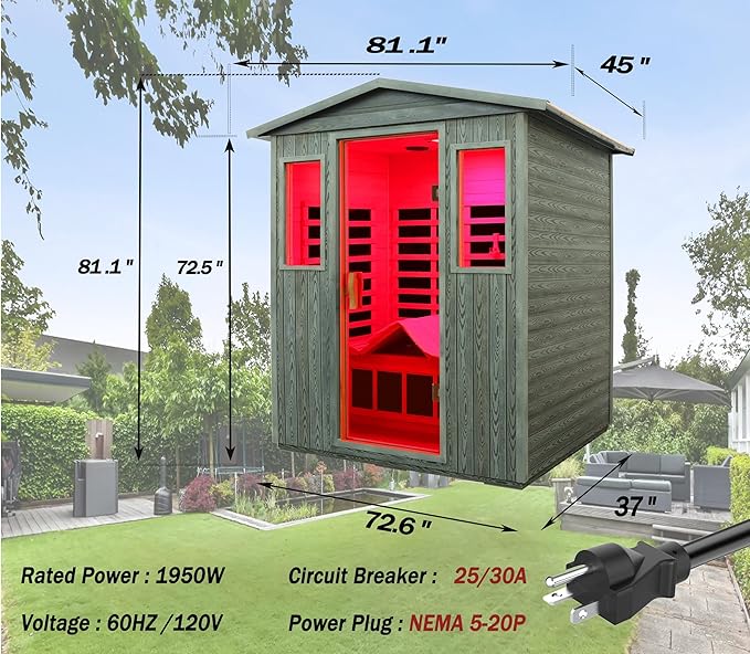 LTCCDSS Full Spectrum Outdoor Infrared Sauna 3-Person, Carbonized Composite Wood Low EMF Saunas for Home - Near&Mid-IR Light, Bluetooth Speakers, Chromotherapy Therapy Lights (81.1 * 45 * 83.5 inch)