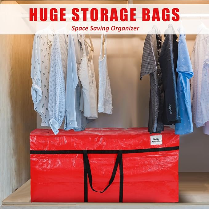 Windyun 4 Pack 57 Gallon Extra Large Storage Bags XXL Moving Bags with Zipper Handles Heavy Duty Jumbo Big Tote Box for Christmas Tree Storage 4, 5, 7.5, 9, 10, 12 ft Skeleton College Dorm(Red)