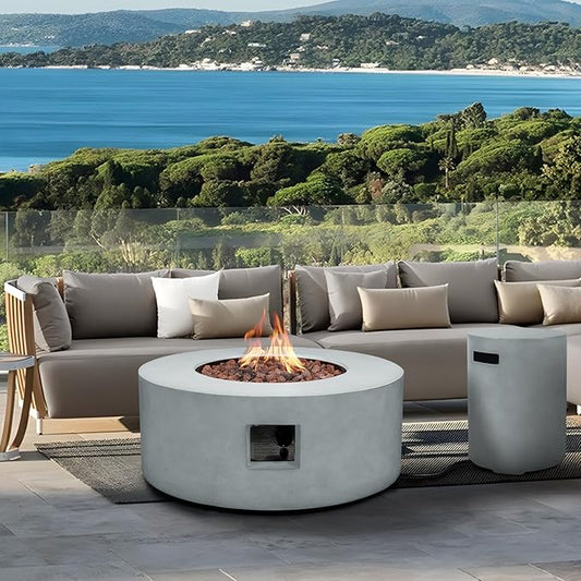 36" Round Propane Fire Pit Table,50,000 BTU Outdoor Concrete Gas Firepit with Tank Cover,Lid,Lava Rocks & Rain Cover for Patio,Deck,and Backyard