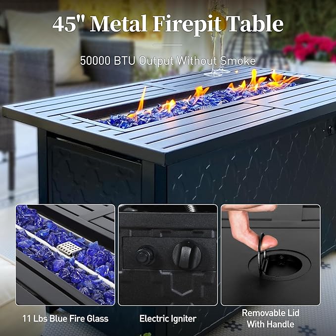 4 Piece Metal Outdoor Patio Furniture Sets with 5000 BTU Firepit Table, Patio Conversation Sets 1 3-seater Sofa, 2 Swivel Chair with 5.75" Thick Cushion, Black Backyard Furniture, Gray