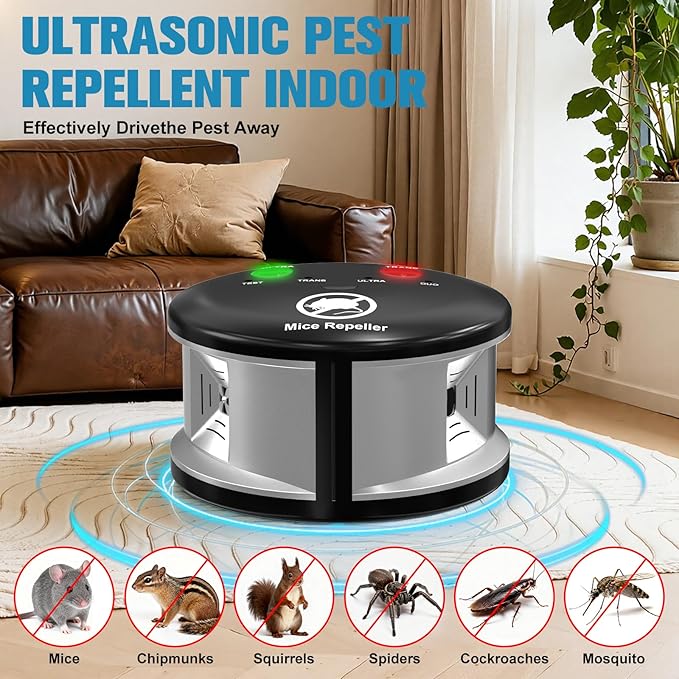 Ultrasonic Mouse Repellent Indoor, Electronic Rodent Repeller Plug-in, 360° Ultrasonic Electric Impulse Pest Control Device for Mice Rat Squirrel Roach Spider Ant Bug Bat,Family & Pet Safe