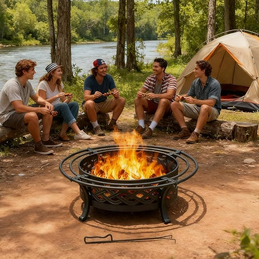 42 Inch Outdoor Fire Pit with 2 Loops,Crossweave Wood Burning Fire Pits for Outside,with Spark Screen,Fire Poker,Round Metal Firepit for Patio,Backyard,Beach,Camping,Bonfire(42''Black)