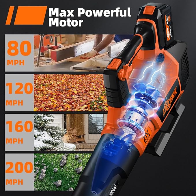 Decerk 21V Leaf Blower Cordless, Electric Snow Blowers with 2X 4.0Ah Battery, Lightweight Blower with Turbo Button, Variable Speed Dial, and Cruise Control for Sidewalks, Garages, Yards & Patios