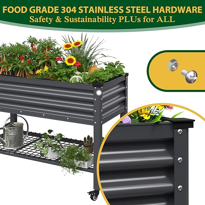 48" W x 24" D x 34" H Galvanized Raised Garden Bed with Lockable Wheels, Raised Garden Beds Outdoor with Drainage Gaps & Shelf, Planter Boxes Outdoor for Backyard, Patio, Balcony, Grey
