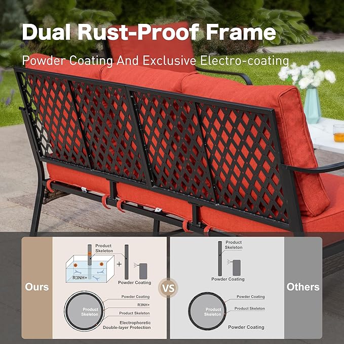 4 Piece Black Metal Outdoor Patio Furniture Sets with Firepit Table, Patio Conversation Sets 1 3-Seater Sofa, 2 Chairs with 5.75" Thick Cushion Backyard Furniture for Deck, Rust Red
