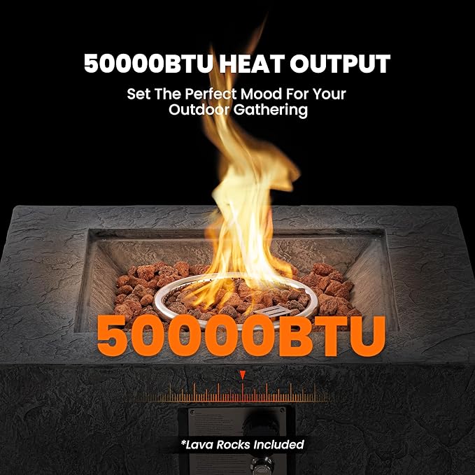 SUNBURY Outdoor Propane Fire Pit Table, 28 in Square 40000 BTU Firepit for Patio with Rain Cover, Lava Rocks, Wind Guard & Propane Tank Cover for Backyard & Deck, Dark Grey