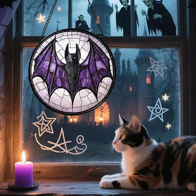 CRISGIF Stained Glass Window Hanging - Halloween Black Bat Purple Wings Monster Suncatcher for Doors Garden Home Spooky Sun Catchers Gothic Decor Horror Gift for Women Men Friend Boy Girl 11.8 in