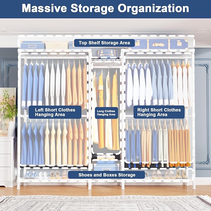 Ulif E12C Heavy Duty Closet Organizer System，Freestanding Clothing Racks for Hanging Clothes，Adjustable Garment Rack 71" W x 16" D x 76.5" H Hold 960 lbs，White Clothing Rack with White Dustproof Cover