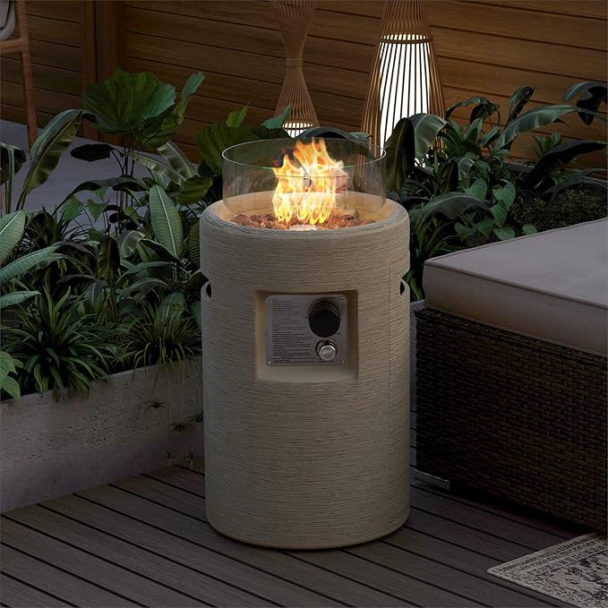 SUNBURY Outdoor Propane Fire Pit, Stone Like Fire Pit Table with Glass Wind Guard, Waterproof Cover, 40000BTUS Small Column Firepit Garden Lighting (Creamy White)