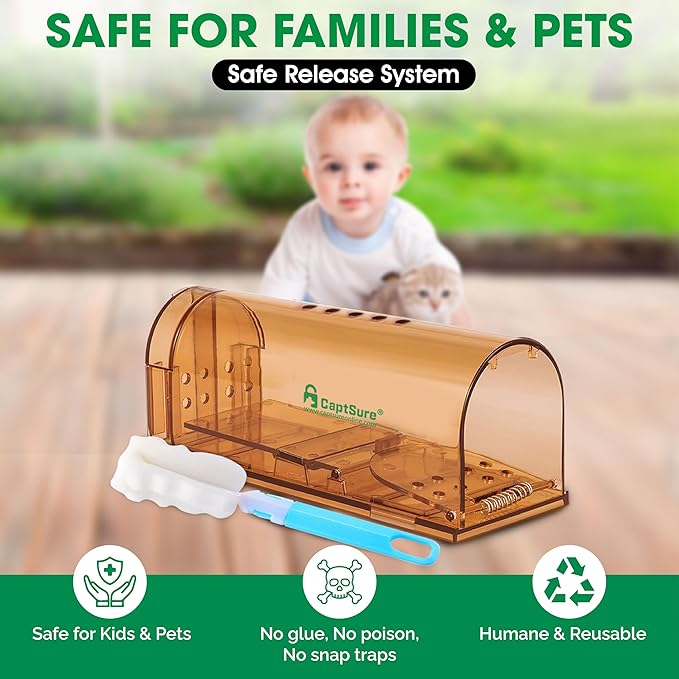 CaptSure 2-Pack Humane Mouse Traps Indoor for Home - Small Live Mouse Trap Catch and Release, Mice Traps for House Indoor & Outdoor - Reusable Catcher & No Kill Traps for Rodent/Voles