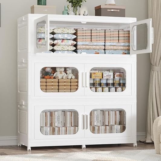 600QT Large Stackable Storage Bins with Lid, 150Gal Plastic Collapsible Closet Organizers Drawers Box with Wheels, Folding Cabinet Containers with Doors for Home Kitchen Office, 3Pack White