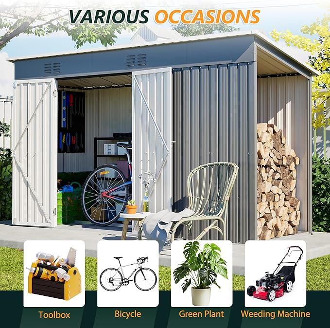 Outdoor Storage Shed, 10 X 4 FT Large Metal Utility Tool Sheds with Floor Base & Wood Storage, Steel Garden Shed with Updated Frame Structure for Backyard Patio Lawn, Grey
