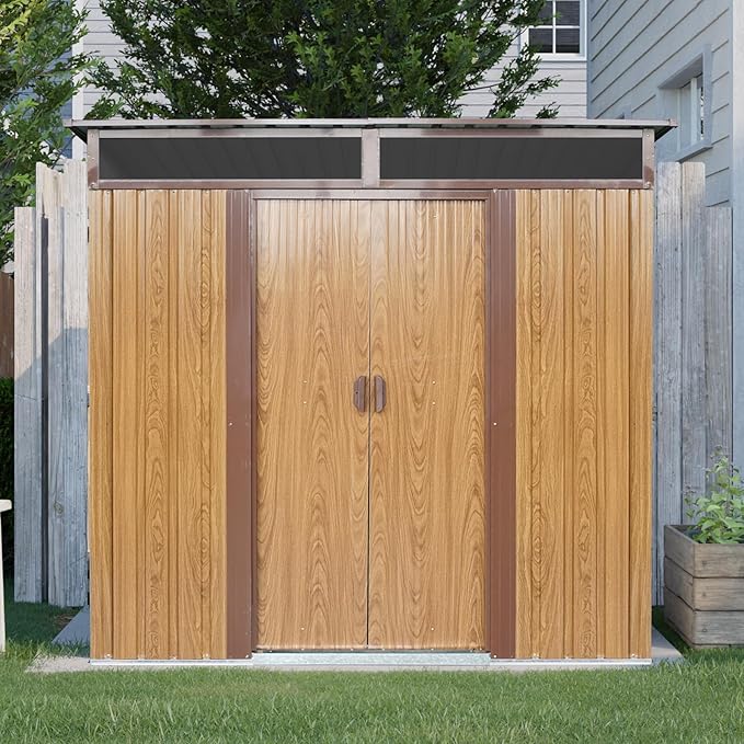 6X5 FT Outdoor Storage Shed, Waterproof Metal Garden Sheds with Lockable Door, Steel Tool Storage Buildings Shed & Outdoor Storage House for Garden, Backyard, Patio, Lawn, Trash Cans(Coffee)