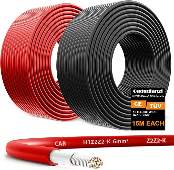 Oududianzi 2x50 Feet Solar Panel Wire, 10AWG Solar Wire H1Z2Z2-K Tinned Copper Solar Extension Cable for Photovoltaic Solar System, Automotive RVs, Boats (50FT Red + 50FT Black)