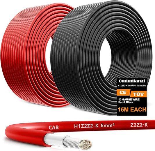 Oududianzi 2x50 Feet Solar Panel Wire, 10AWG Solar Wire H1Z2Z2-K Tinned Copper Solar Extension Cable for Photovoltaic Solar System, Automotive RVs, Boats (50FT Red + 50FT Black)
