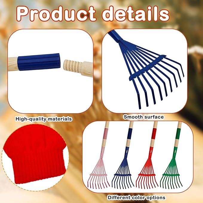 4 Set Kids Leaves Rakes with Hardwood Handle Metal Rakes Child Garden Lawn Rake with 4 Pairs Gloves for Garden Leaves Tools