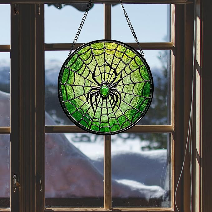 CRISGIF Stained Glass Window Hanging - Black Green Horror Spider Web Suncatcher for Doors Garden Patio Sun Catchers Decor Christmas Halloween Birthday Gifts for Women Men Mom Nana Friend 11.8 in