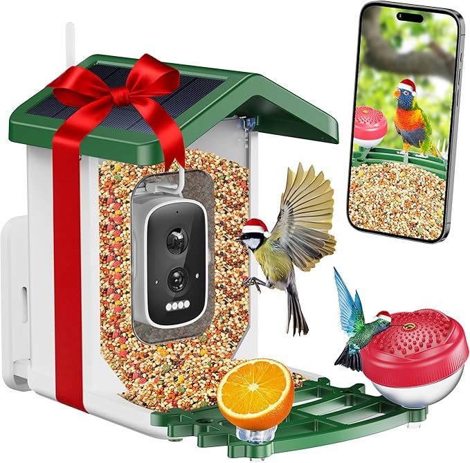 Bird Feeder with Camera, 2.5K UHD, AI Bird Species Recognition, Solar Powered, Instant Arrival Alerts, Weatherproof Squirrel-Proof Birdhouse with WiFi App Live View, 32GB Card & Accessories Included