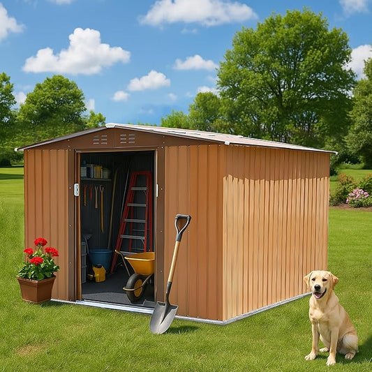 8x8 FT Outdoor Storage Shed Metal Garden Shed Updated Frame Structure with Lockable Sliding Door, Steel Anti-Corrosion Outside Sheds Waterproof for Backyard, Pool, Patio, Coffee