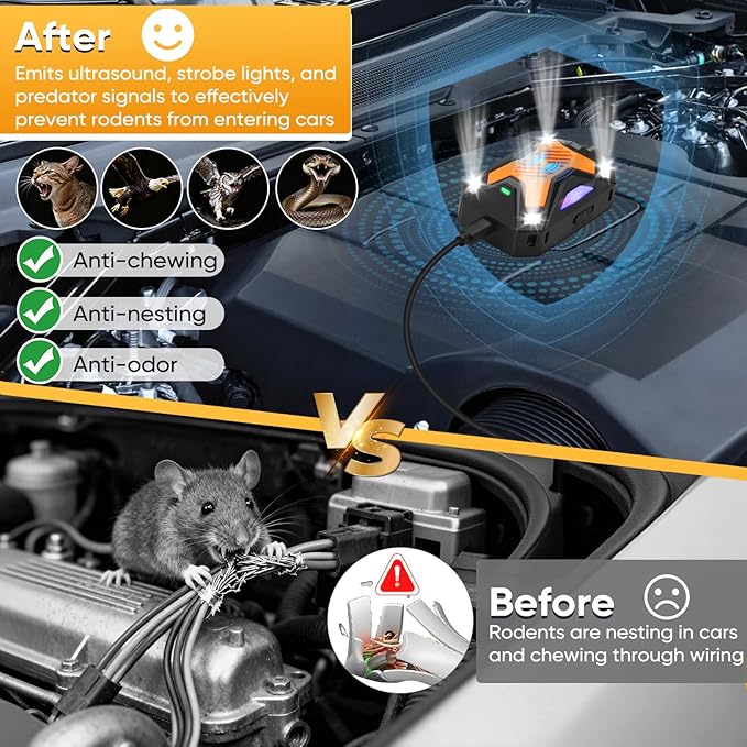 Rodent Repellent for Car Engines, Mouse Repellent, Enhanced Ultrasonic Pest Repeller, Rat Repellent, Predator Signal&Ultrasonic&LED Strobe Light, Keep Mice Away Rooms,Indoors,Outdoors (Orange)