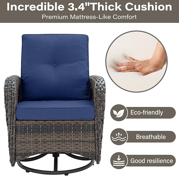Belord Patio Wicker Chairs Swivel Rocker - Outdoor Swivel Rocking Chairs Set of 2 with Rattan Side Table, Patio Swivel Glider Chair 3 Piece Patio Furniture Sets for Deck Porch Pool Brown/Blue