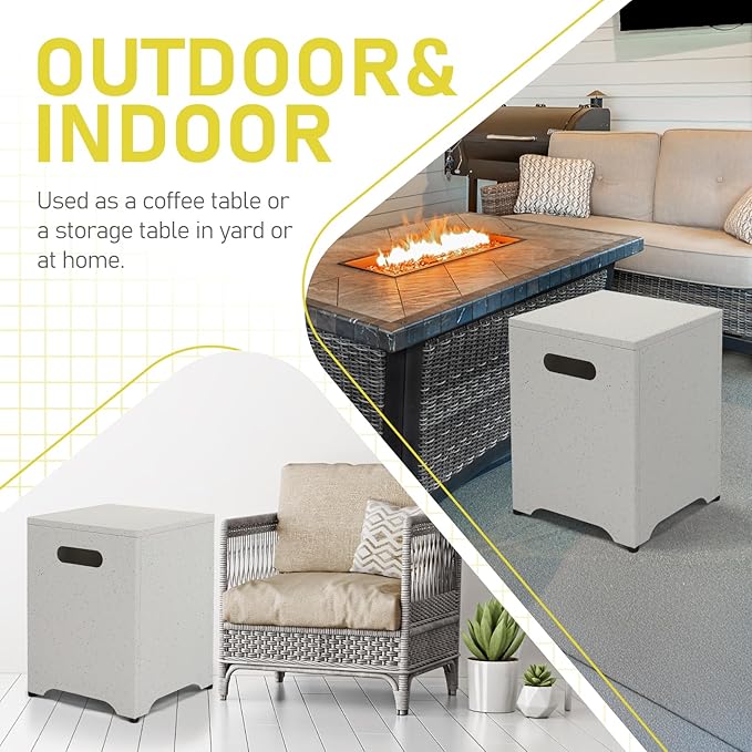 Outvita Outdoor Propane Tank Cover Table, 16in Propane Tank Storage Box with Carry Handle, Powder-Coated Steel, Multi - Use as Side Table for Patio, Garden & Living Room,16*16*21inch, marble color
