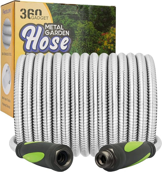 Garden Hose - Water Hose 50 FT with Swivel Handle, Flexible, Heavy Duty, No Kink, Lightweight Metal Hose for Outdoor, Yard, 304 Stainless Steel