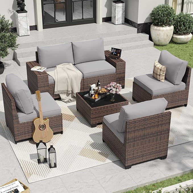Aoxun 6 Pieces Patio Furniture Set Wicker Rattan Outdoor Sectional Conversation Set with Coffee Table and 4” Thickened Cushions, Gray (Waterproof Cover Included)