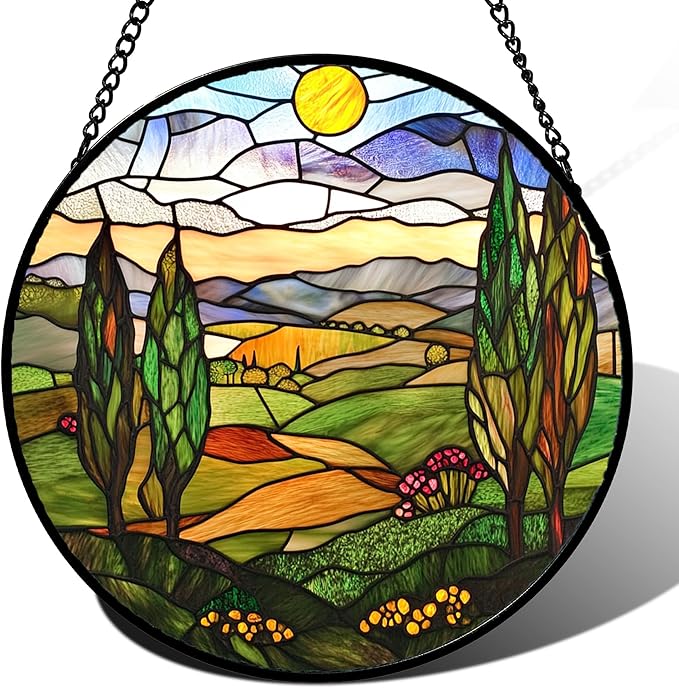 QZQCBLC Stained Glass Window Hanging Golden Sun Mountain Landscape 7.8" - Suncatcher Door Garden Sun Catcher Home Decor Birthday Christmas for Mom Men Woman Nana Friend
