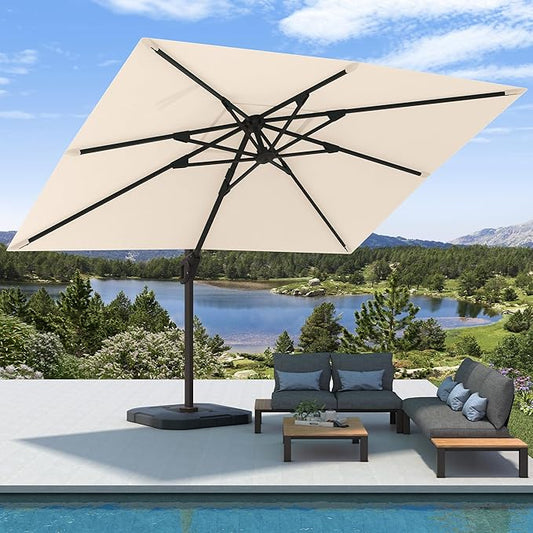 9' X 12' Cantilever Patio Umbrella with Base Included Rectangular Outdoor Large Offset Umbrellas with 7 Tilts Adjustable 360°Rotation for Deck Pool Garden Backyard, Beige