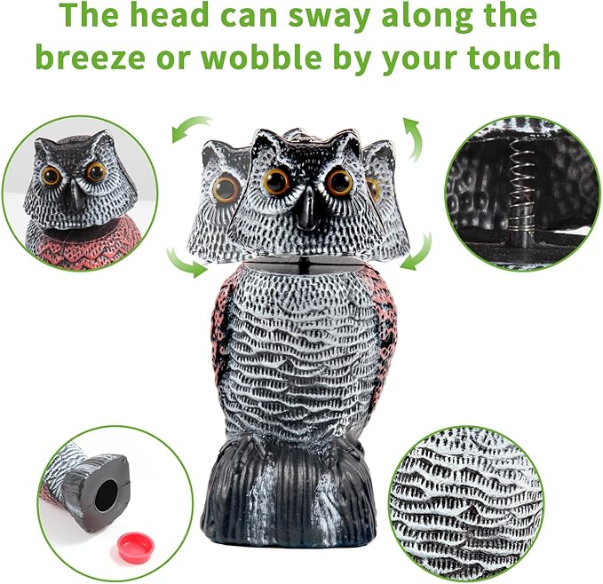 BobbleHead Owl Decoys Sculpture to Scare Birds Away, 3-Pack 8.3" Fake Owl Plastic Scarecrow Bird Deterrent, Natural Enemy Repellent, Garden Decor Statues for outside, Patio, Lawn, Yard Decoration