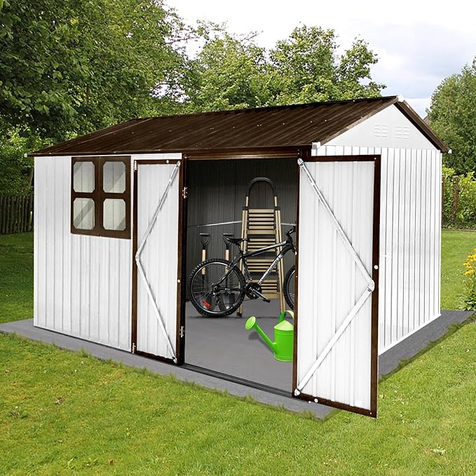 Metal Garden Sheds 10ftx8ft Outdoor Storage Sheds White+Coffee with Window, for Backyard, Patio, Poolside
