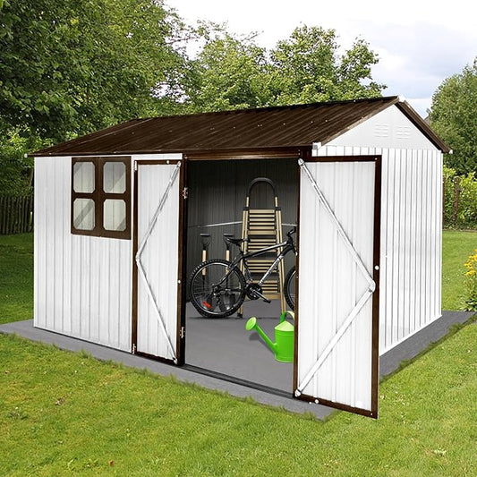 Metal Garden Sheds 10ftx8ft Outdoor Storage Sheds White+Coffee with Window, for Backyard, Patio, Poolside