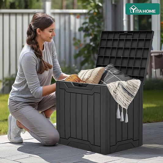 YITAHOME 31 Gallon Resin Deck Box Outdoor Storage Box and Waterproof Package Delivery Box with Lockable Lid for Patio Furniture, GardenTools, Pool Supplies, Black