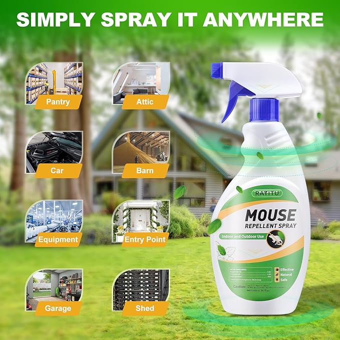 Natural Peppermint Oil Spray for Rodents, Mice Repellent Indoor/Outdoor, Squirrel Repellent Spray Mouse Rats Prevention On Home Car RV Yard Garage Warehouse Attic (16 OZ)