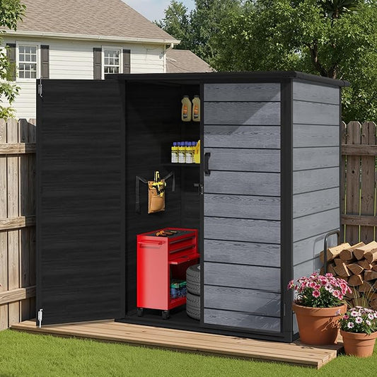 5×3 FT Vertical Outdoor Storage Shed, 56.8 Cu.Ft Resin Storage Cabinet with Lockable Double Doors, Weather-Resistant Tool Shed for Garden, Patio, and Backyard Equipment (Woodgrain Gray)