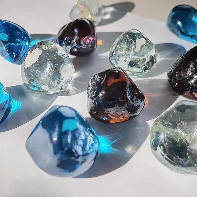Fire Glass Diamond 1 Inch Fire Pit Glass Rocks for Propane or Gas Fire Pit (Gift Package) (20 Pounds, White/Amber/Margarita Azura Blue Blend)