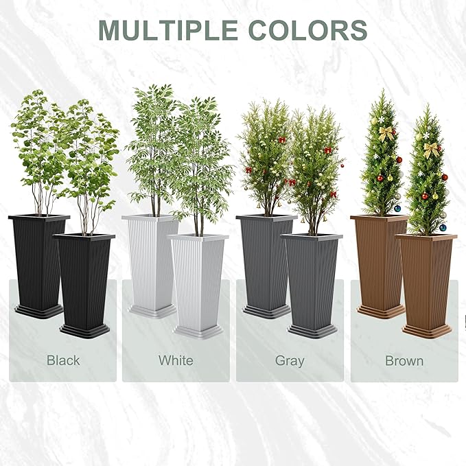Tall Planters Set of 2, Large Indoor Outdoor Flower Pots with Tray Modern Tapered Planter for Patio, Garden, Porch, Backyard (White Ribbed 24")