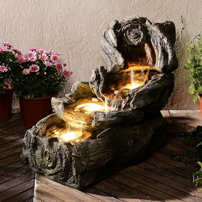 31.5" L Garden Water Fountain Indoor/Outdoor, Artifical Imitation Wood Outdoor Water Fountain Natural Waterfall with LED Lights for Patio,Porch,Backyard,Home Art Decor Big Clearance