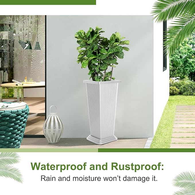 24" Tall Planters for Outdoor Plants, Set of 2 Large Outdoor Planters for Front Porch Decor with Drainage Hole, Front Porch Decor (Stripes-White)