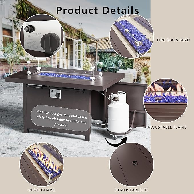 Outdoor Terrace Furniture Set, 15 Piece Outdoor Furniture Set, with 43 inch Aluminum 55000 BTU Propane fire Pit, PE Willow Vine Terrace Dialogue Set - Grey.